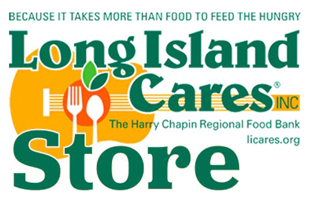 A poster for Long Island Cares' Gather & Give: A Holiday Giving Drive event, depicting green lettering and an illustrated fork, spoon, and guitar.