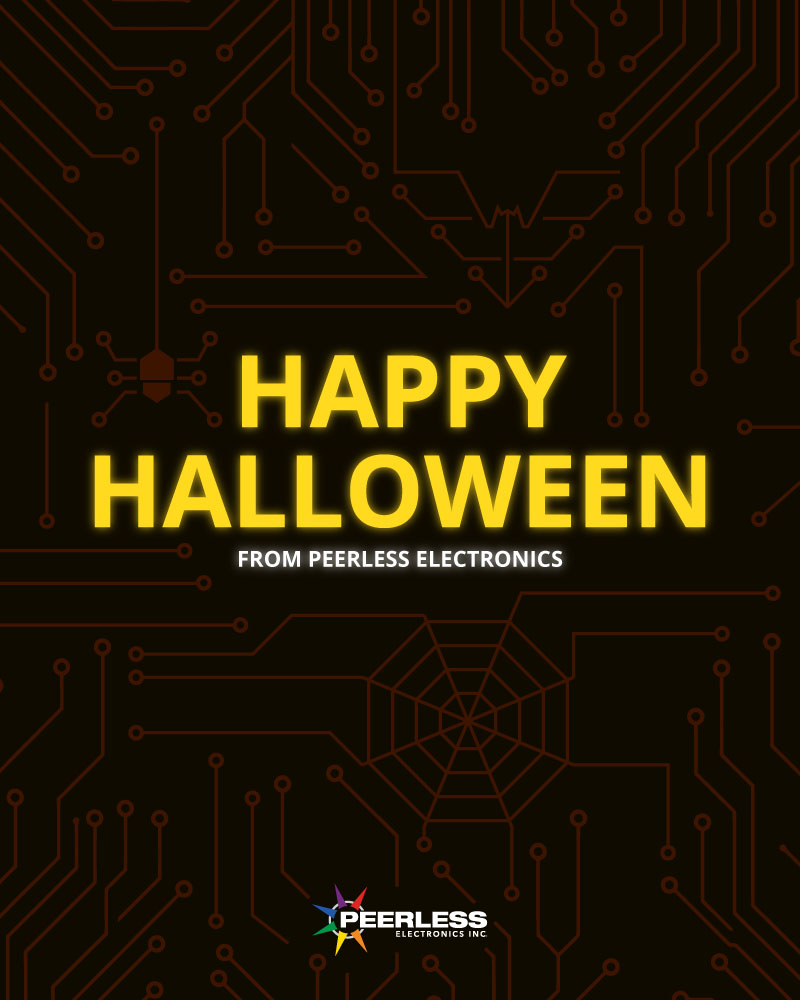 A black poster with a light yellow grid fades into the background, with the text "Happy Halloween" from Peerless Electronics.