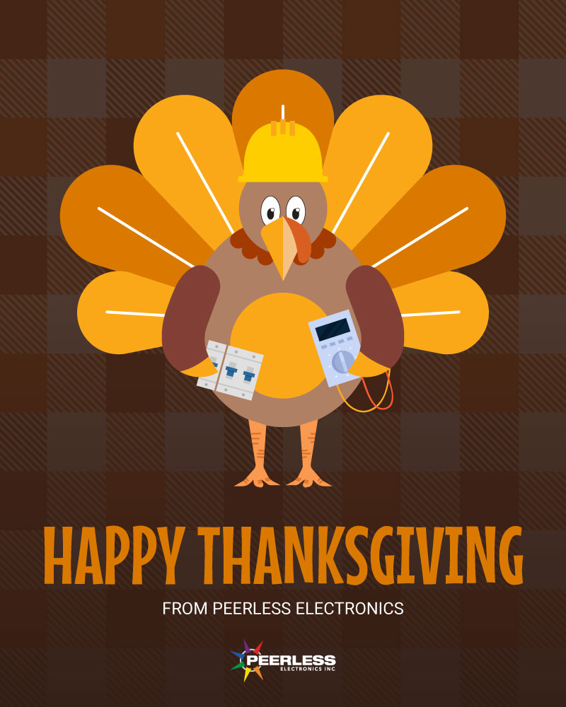 An illustrated image of a turkey wearing a hard hat and holding electronics with the text: Happy Thanksgiving from Peerless Electronics.