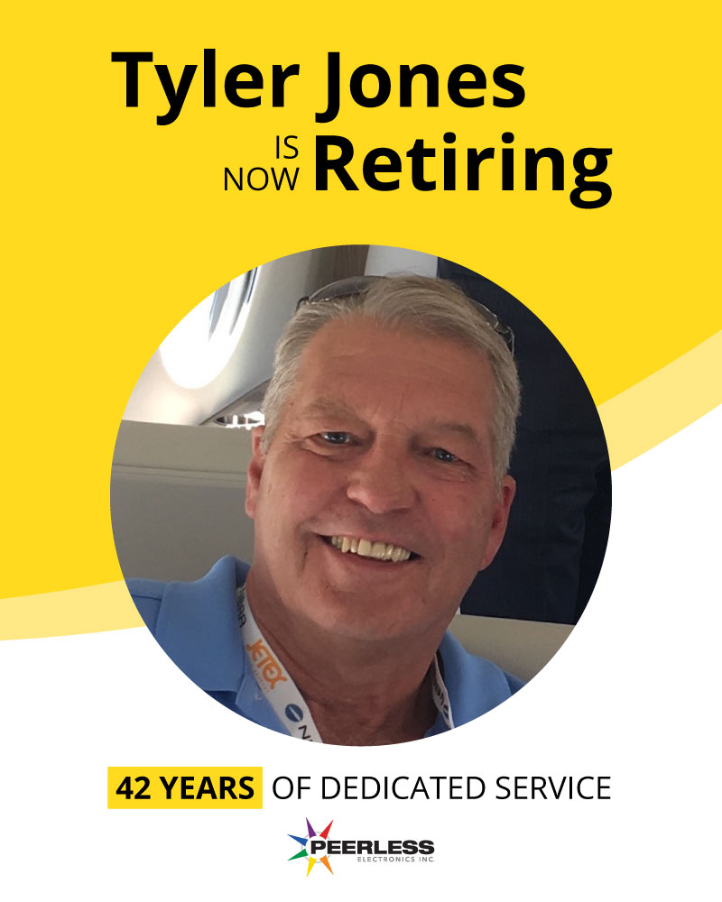 A poster image featuring a picture of a Peerless employee. The text announces that he is retiring after 42 years of dedicated service.