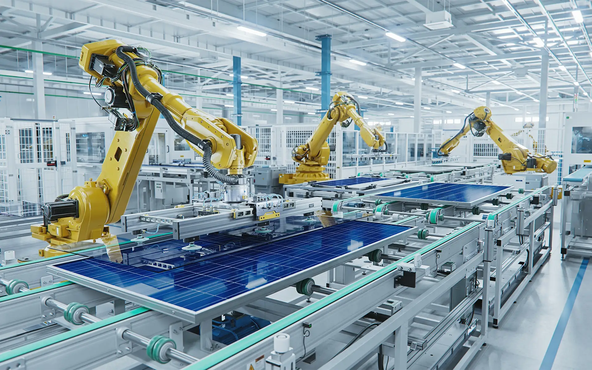 An automated production line featuring robotic arms within an industrial control system at a solar panel assembly facility