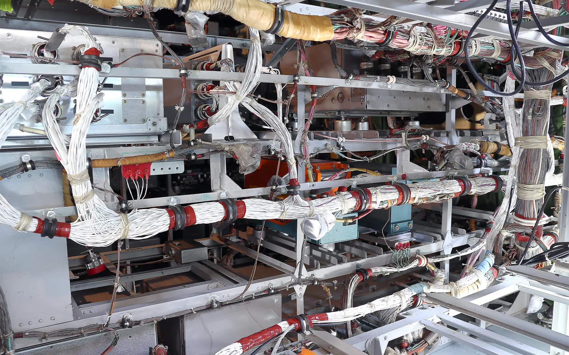 Close-up of an electrical wire harness in an industrial setting