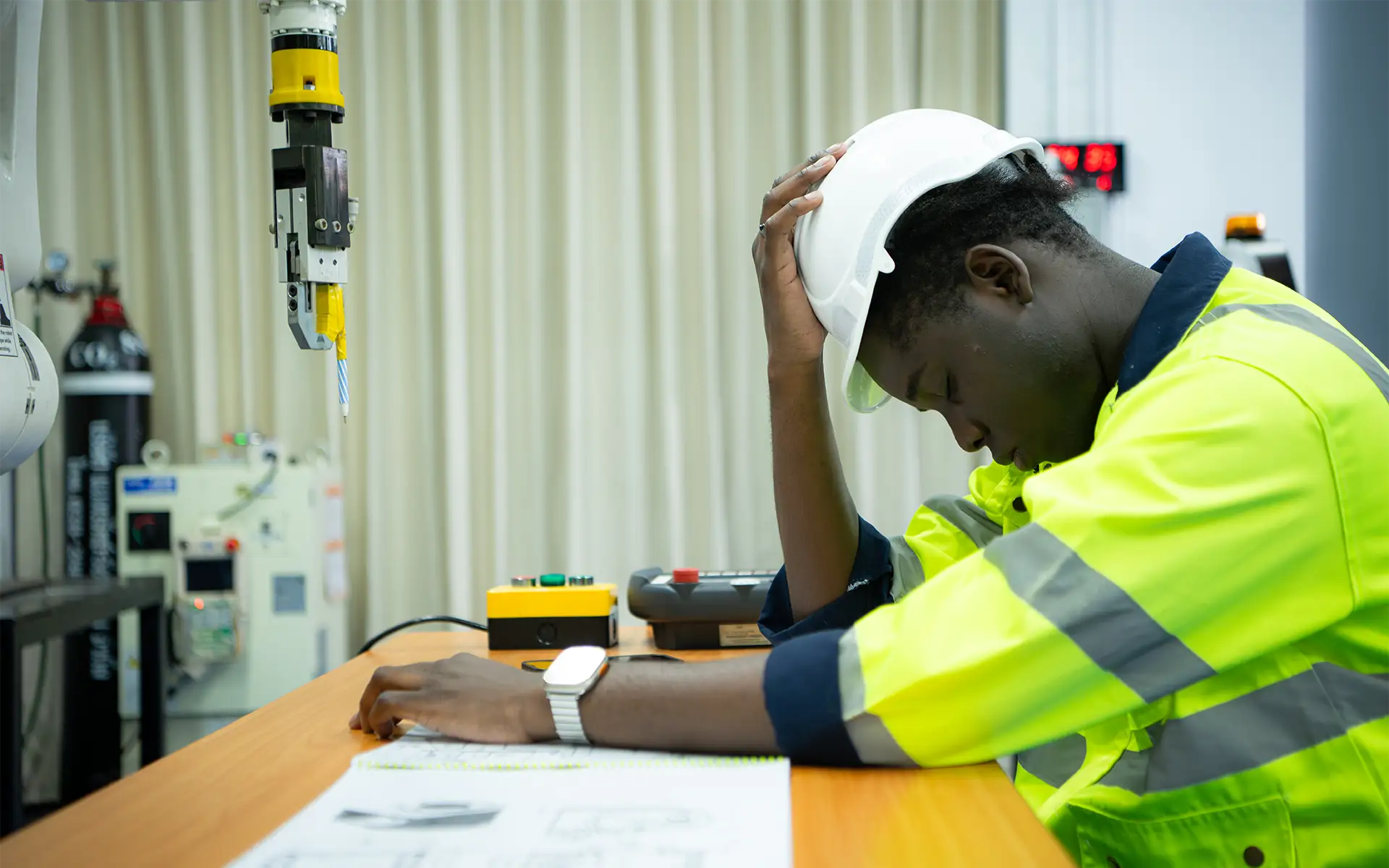 An engineer in a hard hat sits at a work table next to a robotic arm, with his head in his hand, slumped over plans