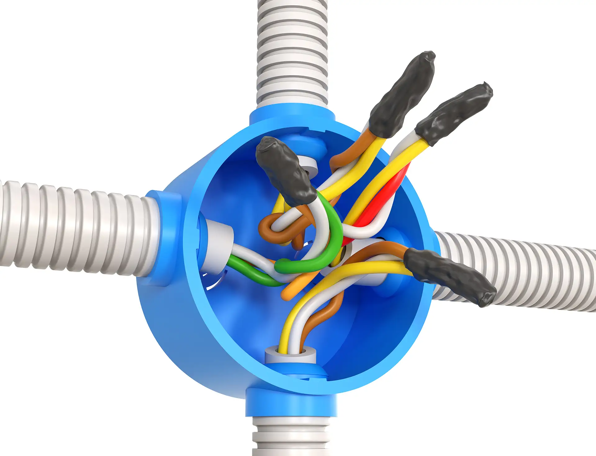 Different colored wires in a junction box sealed together with black heat shrink tubing