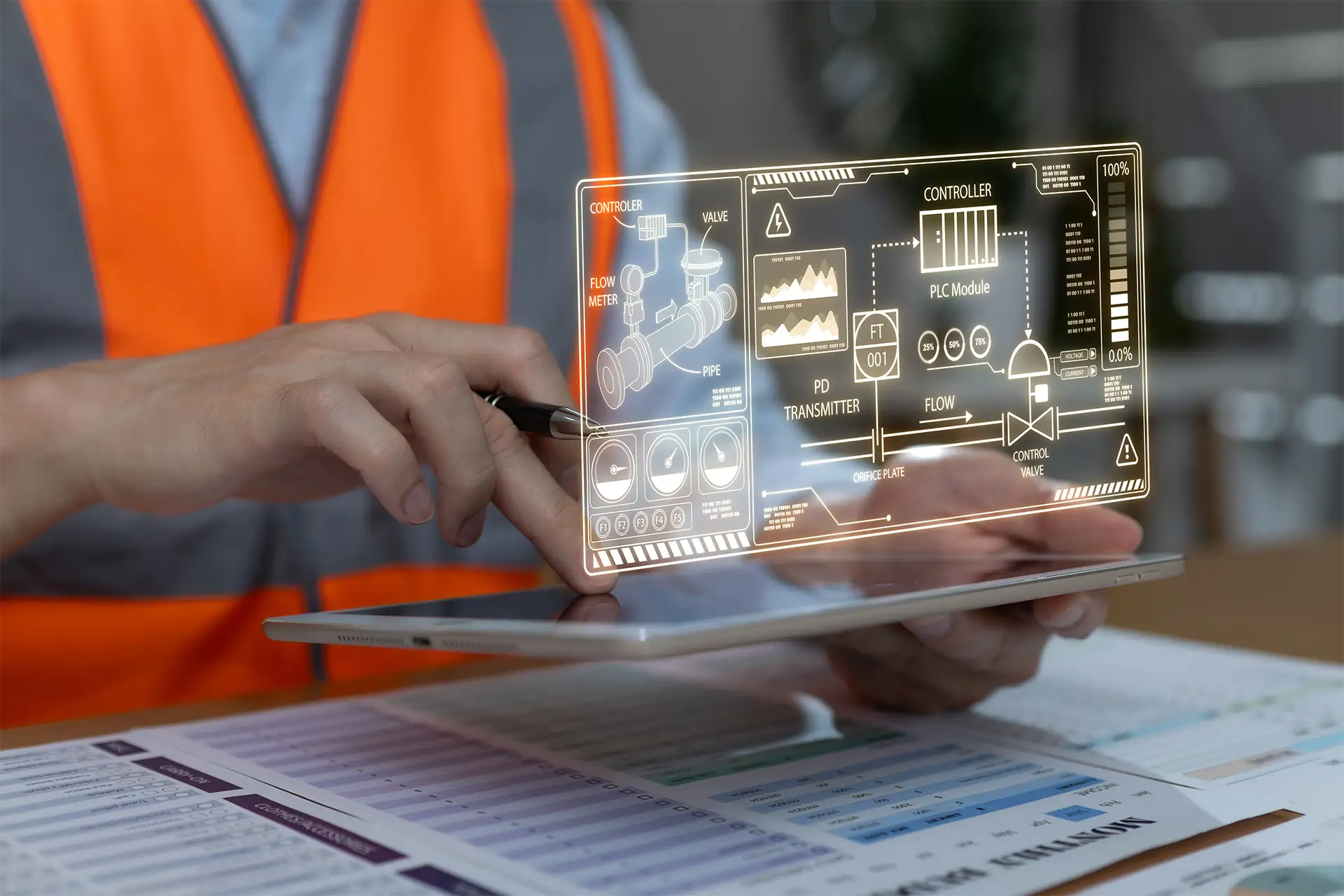 An engineer using a tablet to monitor an industrial control system with a digital interface, reviewing data from IoT smart sensor integration