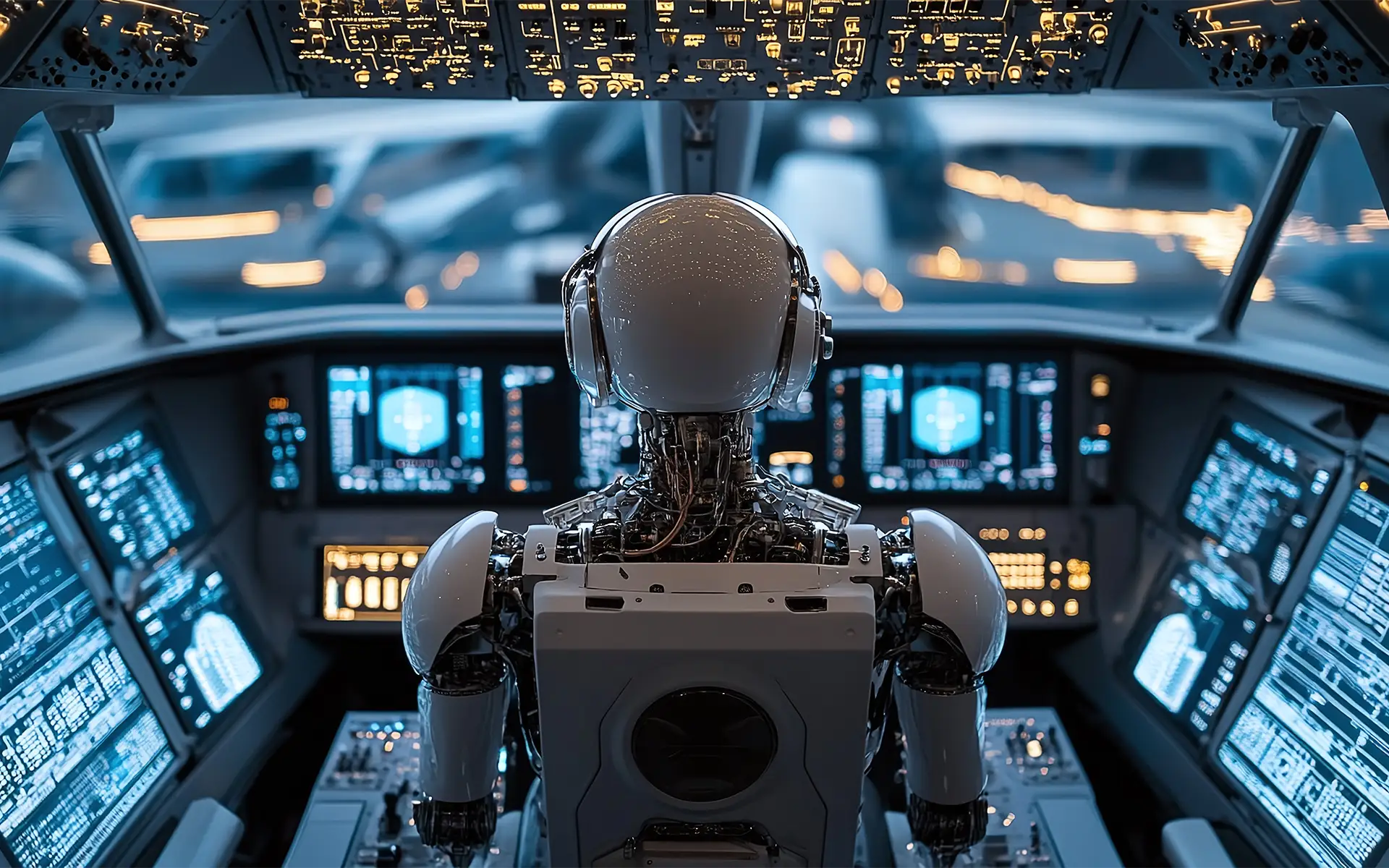 The back view of a robot sitting in an aircraft cockpit with advanced controls, demonstrating the evolution of avionics technology
