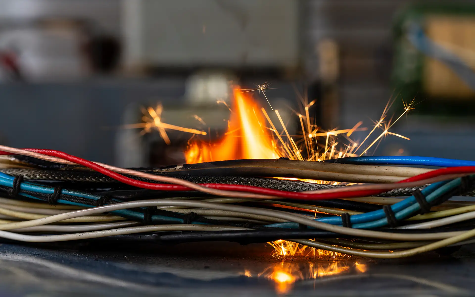 A close-up view of flames, sparks, and smoke between electrical cables from a short circuit in the twisted wires