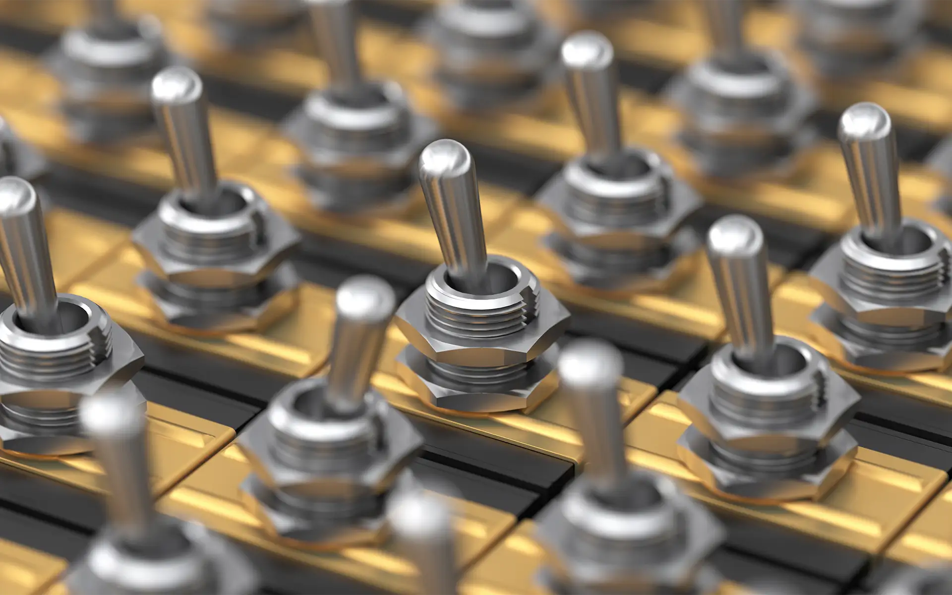 A close-up of multiple toggle switches in different positions on a control panel