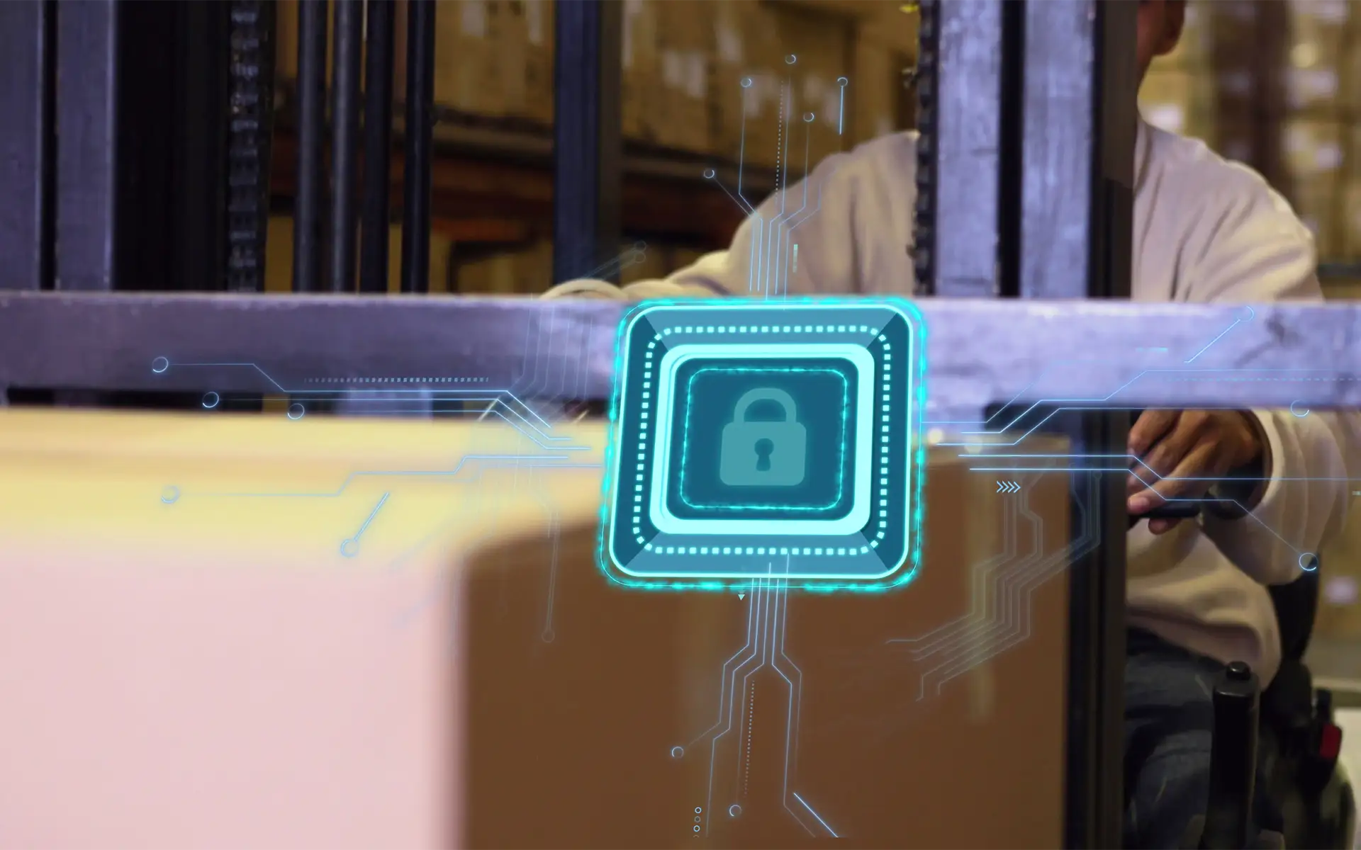 Image of virtual 3D padlock icon over a male warehouse worker moving a box of electronics, demonstrating a successful JSVA audit