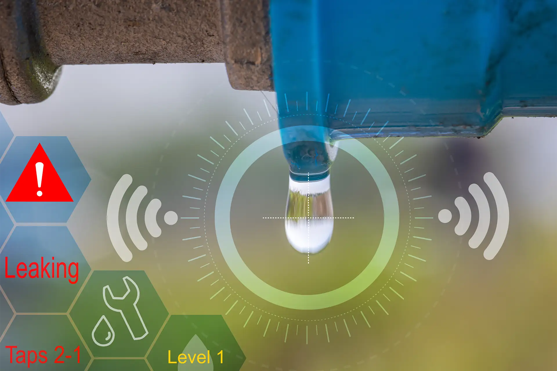 A commercial pipe with a water drip, superimposed with WiFI sensing and alerting imagery to represent smart sensing in industrial applications